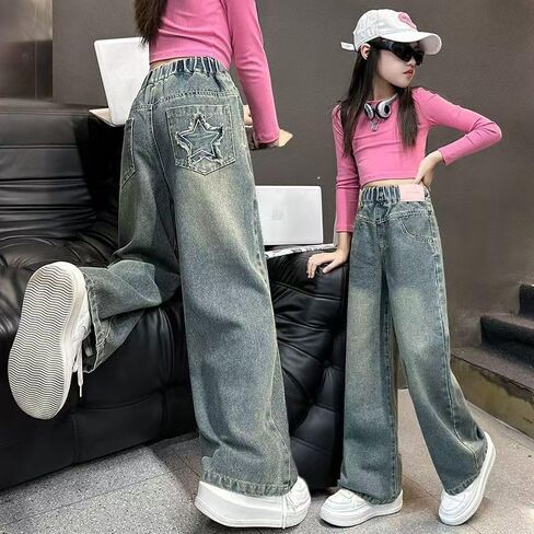 New Spring and Autumn Girls' Jeans, Children's Loose Casual Cowboy Wide Leg Pants Blue in Saudi Arabia
