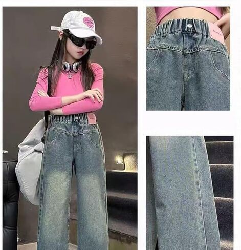 New Spring and Autumn Girls' Jeans, Children's Loose Casual Cowboy Wide Leg Pants Blue in Saudi Arabia