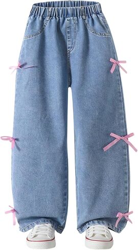 Verdusa Girl's Kawaii Bow Tie Baggy Jeans Elastic Waist Wide Leg Denim Pants in Saudi Arabia