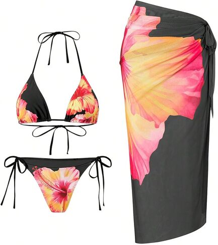 ZAFUL Women's 3 Piece Swimsuit Floral Halter Triangle String Bikini Tie Side Bottom with Boho Cover Up Skirt in Saudi Arabia