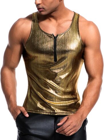 Men's Zipper Sleeveless Metallic Shirt, Sparkly Tank Top Vest Rave Outfits, Concert Club Disco Festival Party Outfits in Saudi Arabia