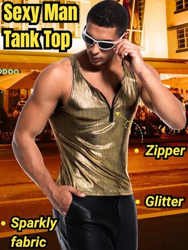 Men's Zipper Sleeveless Metallic Shirt, Sparkly Tank Top Vest Rave Outfits, Concert Club Disco Festival Party Outfits in Saudi Arabia