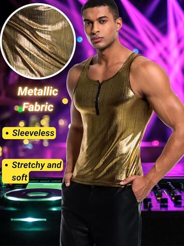 Men's Zipper Sleeveless Metallic Shirt, Sparkly Tank Top Vest Rave Outfits, Concert Club Disco Festival Party Outfits in Saudi Arabia