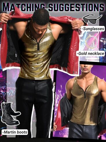 Men's Zipper Sleeveless Metallic Shirt, Sparkly Tank Top Vest Rave Outfits, Concert Club Disco Festival Party Outfits in Saudi Arabia