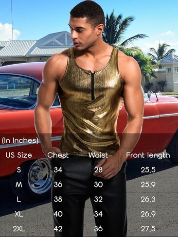 Men's Zipper Sleeveless Metallic Shirt, Sparkly Tank Top Vest Rave Outfits, Concert Club Disco Festival Party Outfits in Saudi Arabia