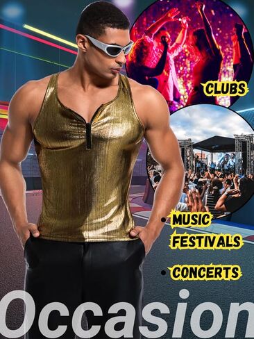 Men's Zipper Sleeveless Metallic Shirt, Sparkly Tank Top Vest Rave Outfits, Concert Club Disco Festival Party Outfits in Saudi Arabia