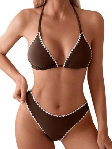 Women's Sexy Solid Color Lace Triangle Bikini Set, Halter Adjustable Ties Backless Two-Piece Swimsuit in Saudi Arabia