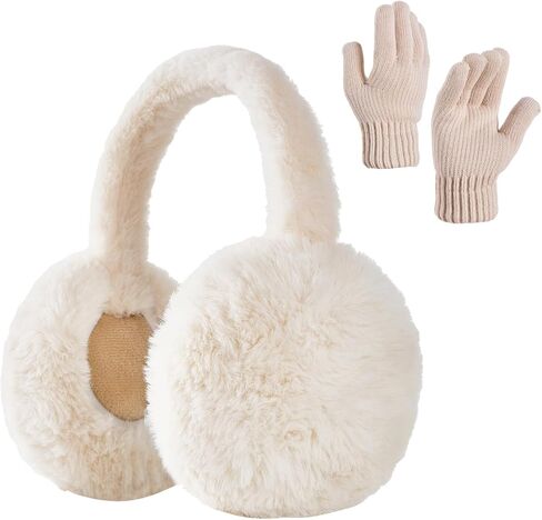 Yolyoo Foldable Earmuffs Faux Furry Soft Ear Warmer and Gloves Set Christmas and New Year gifts for Women Men Cold Weather in Saudi Arabia