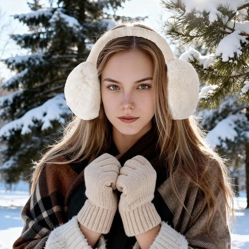 Yolyoo Foldable Earmuffs Faux Furry Soft Ear Warmer and Gloves Set Christmas and New Year gifts for Women Men Cold Weather in Saudi Arabia