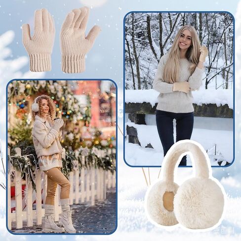 Yolyoo Foldable Earmuffs Faux Furry Soft Ear Warmer and Gloves Set Christmas and New Year gifts for Women Men Cold Weather in Saudi Arabia