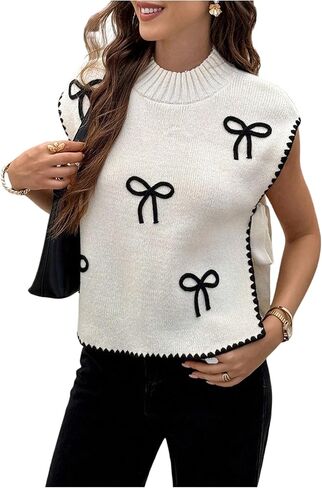 OYOANGLE Women's Bow Embroidery Side Tie Sweater Vest Sleeveless Mock Neck Sweater Tank Tops in Saudi Arabia