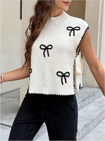 OYOANGLE Women's Bow Embroidery Side Tie Sweater Vest Sleeveless Mock Neck Sweater Tank Tops in Saudi Arabia