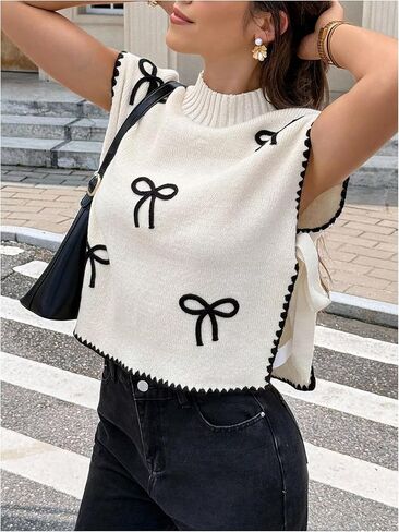 OYOANGLE Women's Bow Embroidery Side Tie Sweater Vest Sleeveless Mock Neck Sweater Tank Tops in Saudi Arabia