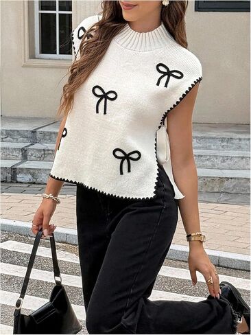OYOANGLE Women's Bow Embroidery Side Tie Sweater Vest Sleeveless Mock Neck Sweater Tank Tops in Saudi Arabia