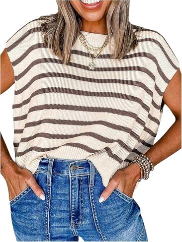 SHENHE Women's Plus Size Cap Sleeve Sweater Striped Crew Neck Lightweight Knit Vest Pullover in Saudi Arabia