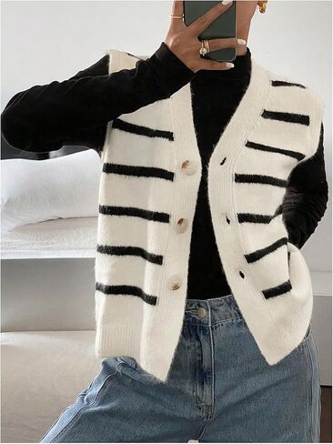 SHENHE Women's Striped Sweater Vest Sleeveless Button Up Dressy Casual Knit Vest Cardigan in Saudi Arabia