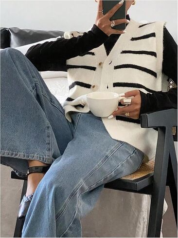 SHENHE Women's Striped Sweater Vest Sleeveless Button Up Dressy Casual Knit Vest Cardigan in Saudi Arabia