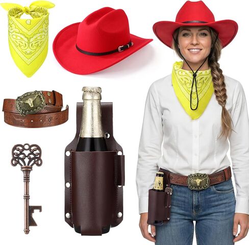 5 Pcs Western Cowboy Outfit for Men Women Hat Belt Bandana Beer Holster with Bottle Opener for Halloween Cosplay in Saudi Arabia
