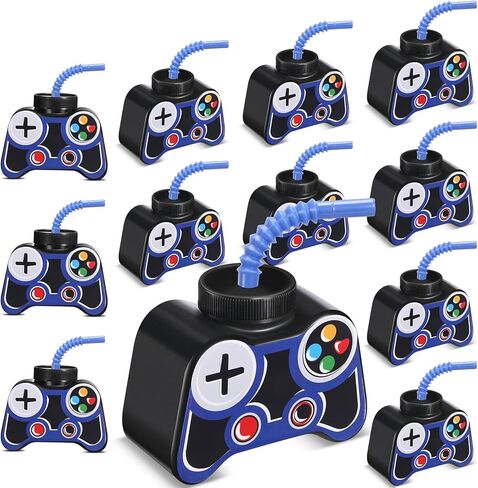 Mifoci 12 Pcs Plastic Video Gaming Party Favor Gift Supplies Cups with Straw and Lid,10oz Gamer Birthday Party Video Game Shape Drink Cups for Boy Video Game Party (Blue) in Kuwait