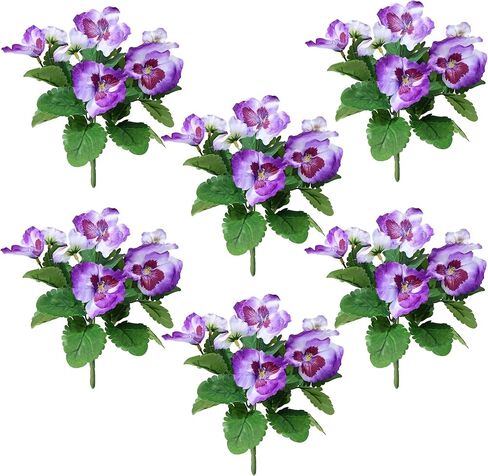 6 قطع من الزهور الاصطناعية شجيرات بانسي صناعية من البلاستيك الصناعي ونباتات وهمية للاستخدام الداخلي والخارجي لتزيين حديقة المنزل (أرجواني أزرق) in Kuwait