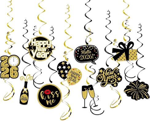 Happy New-Years Eve Party-Decoration Banner Garland - 16pcs Black Gold 2025 Swirl Streamers Banner,Nye Kids Hanging Supplies Decor Lasting Surprise in Kuwait