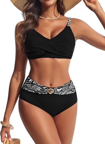 Hanna Nikole Womens High Waisted Bikini Sets, Textured Tummy Control Swimsuit, 2 Piece Twist Color Block Bathing Suits in Saudi Arabia