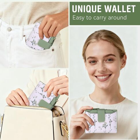 محفظة نسائية صغيرة - محفظة جلدية ناعمة RFID تحجب سحاب ثنائي الطي وجيب لبطاقات الائتمان - محفظة بنمط الأزهار مع نافذة لبطاقة الهوية (أخضر) in Kuwait