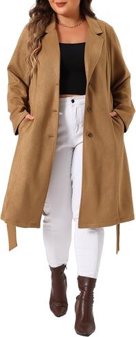 Agnes Orinda Plus Size Faux Suede Trench Jacket For Women Notch Lapel Long Sleeve Fall Winter Long Jacket Coats in Saudi Arabia
