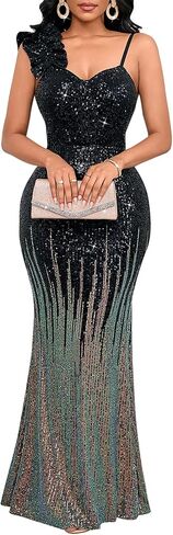 Cololura Women Sexy Elegant Sequin Ruffled Sleeveless Mermaid Party Cocktail Bodycon Evening Gowns Maxi Dress in Kuwait