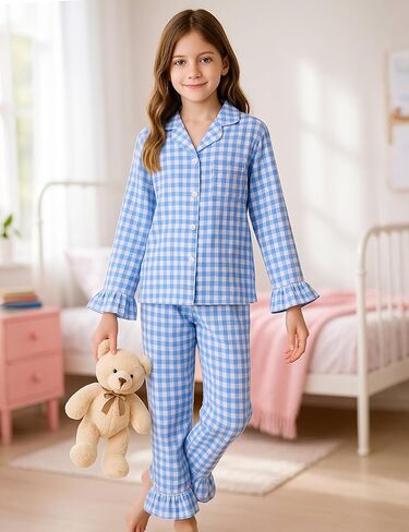 Kids Cotton Pajamas Girls Gingham Ruffle Pajama Set 2-piece Long Plaid Cute Pjs Button Down Sleepwear Homewear in Saudi Arabia
