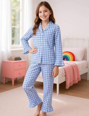 Kids Cotton Pajamas Girls Gingham Ruffle Pajama Set 2-piece Long Plaid Cute Pjs Button Down Sleepwear Homewear in Saudi Arabia