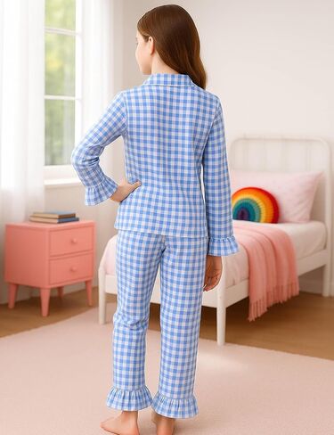 Kids Cotton Pajamas Girls Gingham Ruffle Pajama Set 2-piece Long Plaid Cute Pjs Button Down Sleepwear Homewear in Saudi Arabia