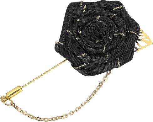 MECCANIXITY Lapel Pin for Men Cloth Rose Flower Pin Suit Lapel Stick Handmade Boutonnieres with Leaf & Trim/Tassel Chain Brooch for Bridegroom Wedding in Saudi Arabia
