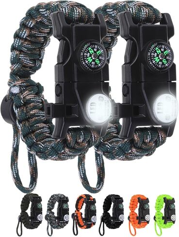 Adjustable Survival Paracord Bracelet, 2 Pack Emergency Fire Starter Kit with Loud Whistle Compass Light Flint Steel for Hiking Fishing Hunting, Tactical Gear Equipment Multitools in Kuwait
