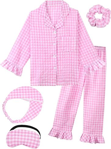 Kids Cotton Pajamas Girls Gingham Ruffle Pajama Set 2-piece Long Plaid Cute Pjs Button Down Sleepwear Homewear in Saudi Arabia