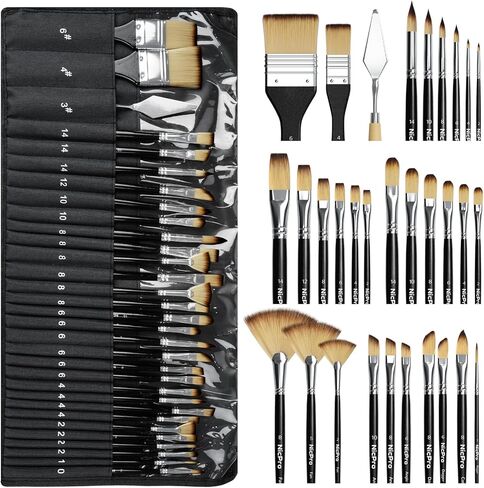 Nicpro 30pcs Paint Brush Set, Professional Paintbrushes with Paint Spatula and Cloth Roll, Craft Paint Brushes for Acrylic Painting, Oil, Watercolor, Gouache, Art Supplies for Artists and Beginners in Saudi Arabia