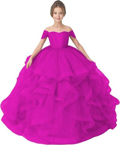 Tiered Tulle Flower Girl Dress Kids Ball Gown for Wedding Off Shoulder Princess Pageant Party Formal Dress in Saudi Arabia