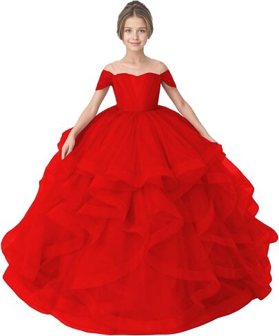 Tiered Tulle Flower Girl Dress Kids Ball Gown for Wedding Off Shoulder Princess Pageant Party Formal Dress in Saudi Arabia