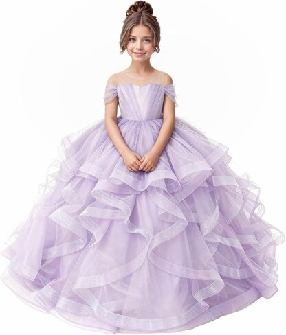 Tiered Tulle Flower Girl Dress Kids Ball Gown for Wedding Off Shoulder Princess Pageant Party Formal Dress in Saudi Arabia