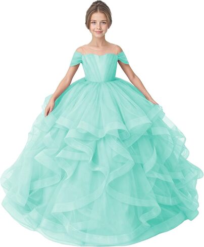 Tiered Tulle Flower Girl Dress Kids Ball Gown for Wedding Off Shoulder Princess Pageant Party Formal Dress in Saudi Arabia