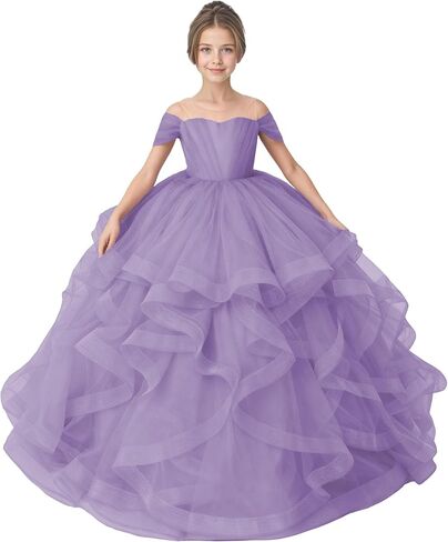 Tiered Tulle Flower Girl Dress Kids Ball Gown for Wedding Off Shoulder Princess Pageant Party Formal Dress in Saudi Arabia