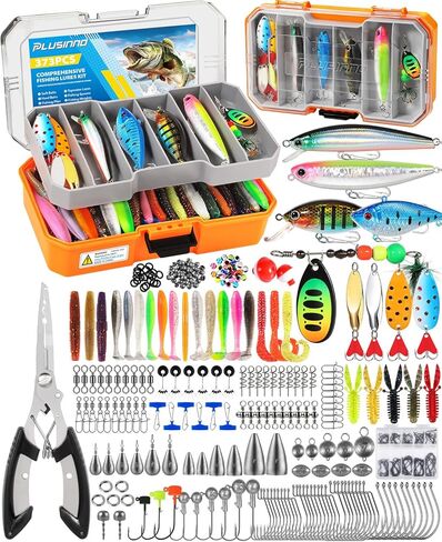 PLUSINNO Fishing Lures Kit with Removable Tray, 373PCS Fishing Tackle Box with Tackle Included, Fishing Gear with Pliers, Weights, Hooks, Accessories, Fishing Tackle Lure Kit Gifts for Men Bass Trout in Kuwait