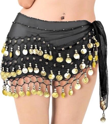 Hip Scarf, Chiffon Belt with 128 Gold Coins, Belly Dancing Skirts Wrap, Performance Costume for Yoga, Black & Gold in Saudi Arabia