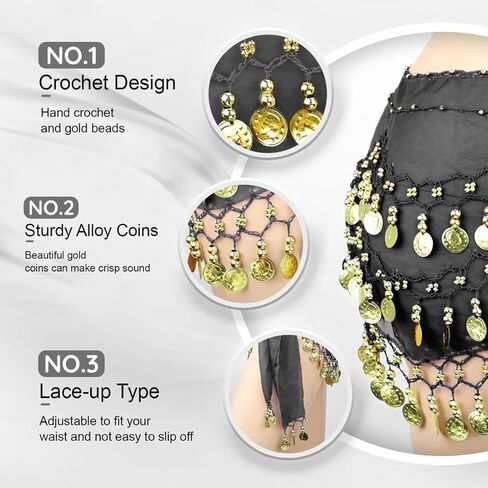 Hip Scarf, Chiffon Belt with 128 Gold Coins, Belly Dancing Skirts Wrap, Performance Costume for Yoga, Black & Gold in Saudi Arabia