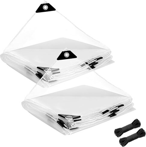 2 Pcs Thicken Waterproof Clear Tarp, 5 mil Anti-tear Windproof Garden Transparent Poly Tarpaulin, Snowproof Plastic PVC Tarp with Grommets for Winter Greenhouse Patio Enclosure Chicken Coop Window in Kuwait