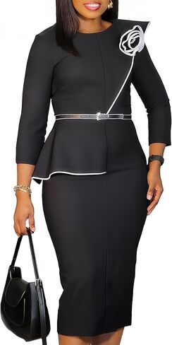 Elegant Church Dress for Women Midi Pencil Dresses Round Neck Business Casual Bodycon Outfits Work with Belt in Saudi Arabia