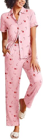 Ekouaer Women 2 Piece Pajamas Set Button Down Short Sleeve Pjs Set Soft Lounge Set with Long Pants S-XXL in Saudi Arabia