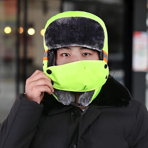 Winter Reflective Trapper Hat with Ear Flaps Face Mask Waterproof Windproof Warm Faux Fur Lined Russian Hunting Hat for Men in Saudi Arabia