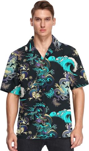 visesunny Dragon Blue Wave Hawaiian Shirt Casual Men Button Down Casual Shortsleeve Unisex Beach Aloha Shirts in Saudi Arabia