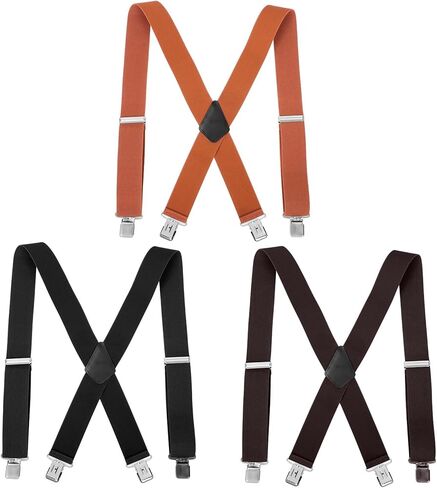 3 Pcs Men’s Heavy Duty Work Suspenders, 2 Inch Wide Clip-On Work Suspenders for Men, Adjustable X-Shaped Strong Clips Suspender for Big Tall Senior Men Gift (Black, Brown, Coffee) in Kuwait